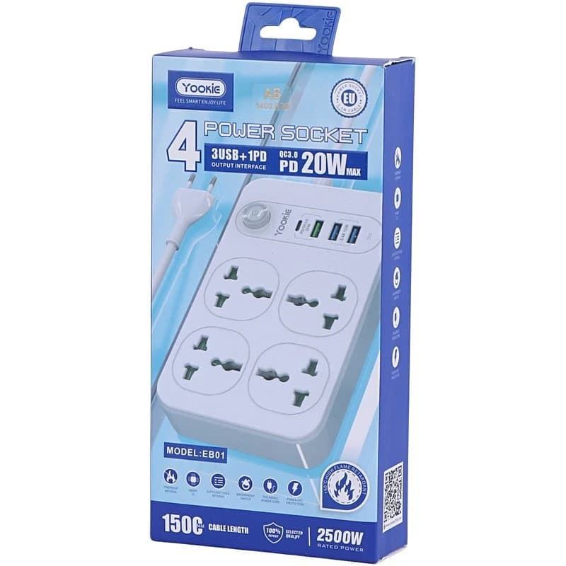 چند راهی 4 خانه یوکی EB01 با کابل 1.5 متری + شارژر USB و Type-C — تصویر ۲