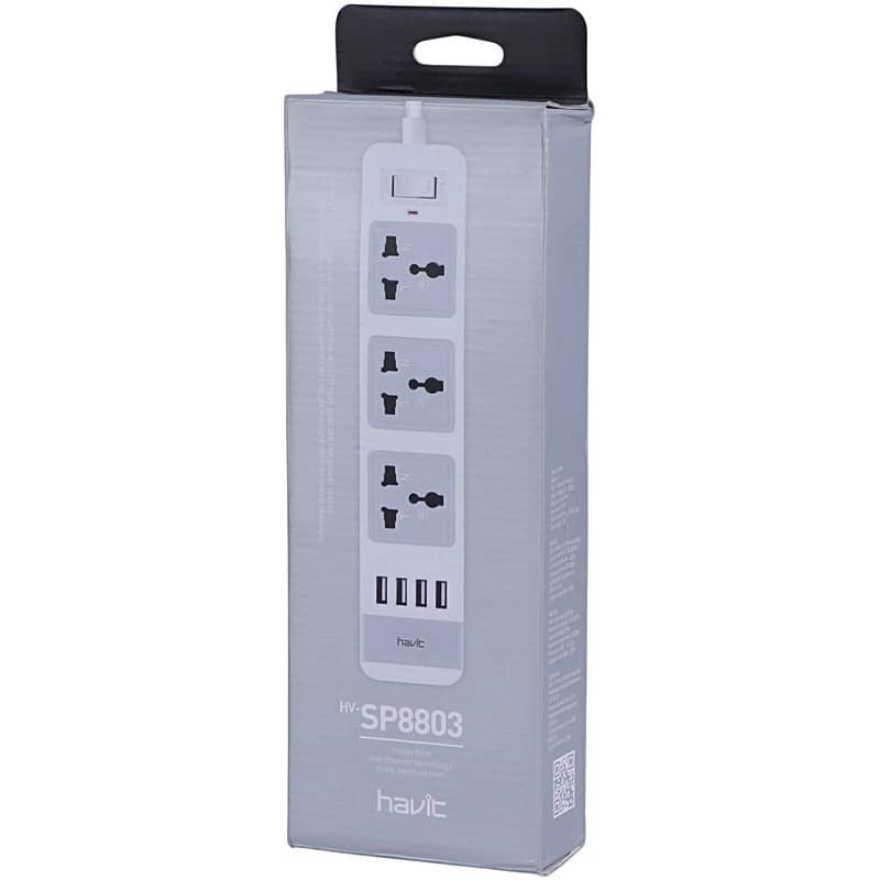 چند راهی 3 خانه ارت دار هویت HV-SP8803 با کابل 2 متری + شارژر USB — تصویر ۲