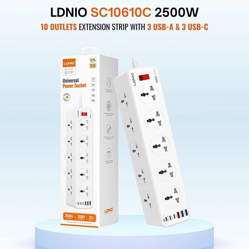 چند راهی 10 خانه الدینیو SC10610C با کابل 2 متری + شارژر USB و Type-C — تصویر ۸
