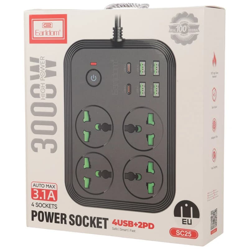 چند راهی 4 خانه ارلدام ES-SC25 با کابل 2 متری + شارژر USB و Type-C — تصویر ۶
