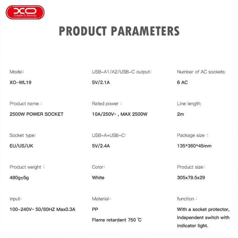چند راهی 5 خانه ارت دار ایکس او XO-WL19 با کابل 2 متری + شارژر USB و Type-C — تصویر ۵