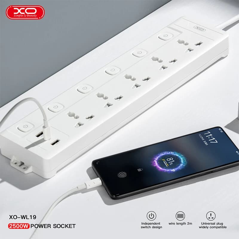 چند راهی 5 خانه ارت دار ایکس او XO-WL19 با کابل 2 متری + شارژر USB و Type-C — تصویر ۴