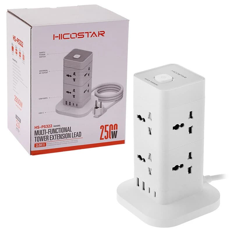 چند راهی 8 خانه هایکو استار HS-PS322 با کابل 2 متری + شارژر USB و Type-C