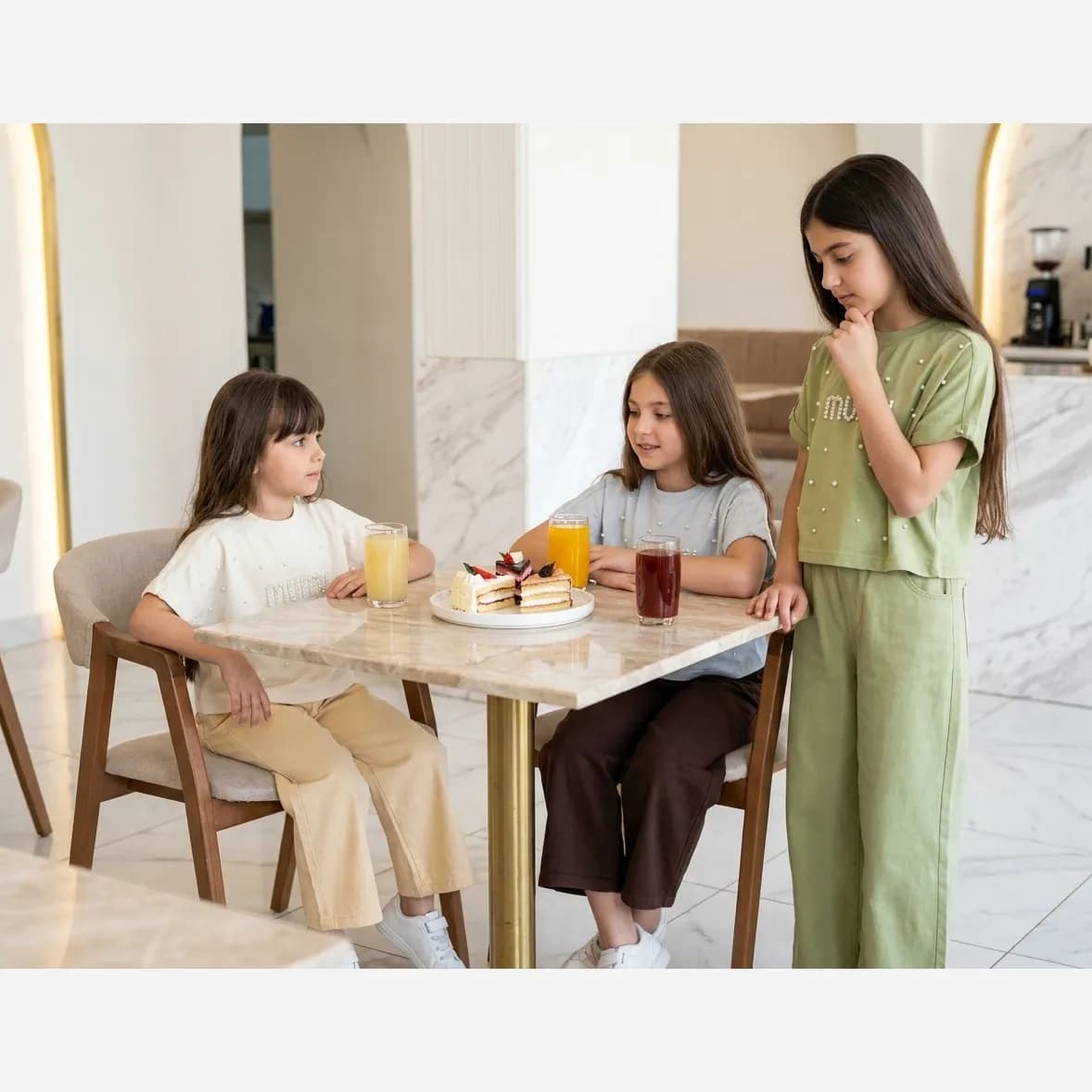 تیشرت دخترانه طرح میو میو مرواریدی جنس پنبه ترک رنگ سبز و طوسی سایز S تا 2XL — تصویر ۵