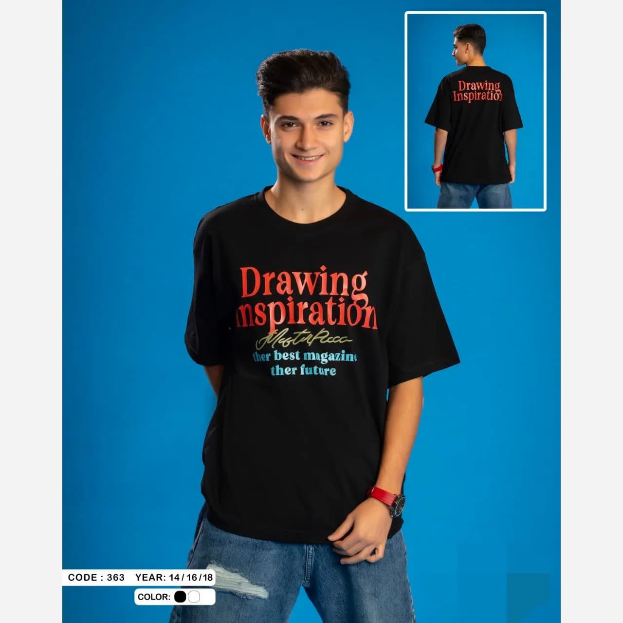 تیشرت نوجوان سایز بزرگ با طرح Drawing در دو رنگ سفید و مشکی — تصویر ۴