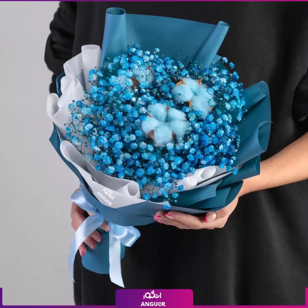 دسته گل پنبه و ژیپسوفیلا تم آبی (گل خشک)