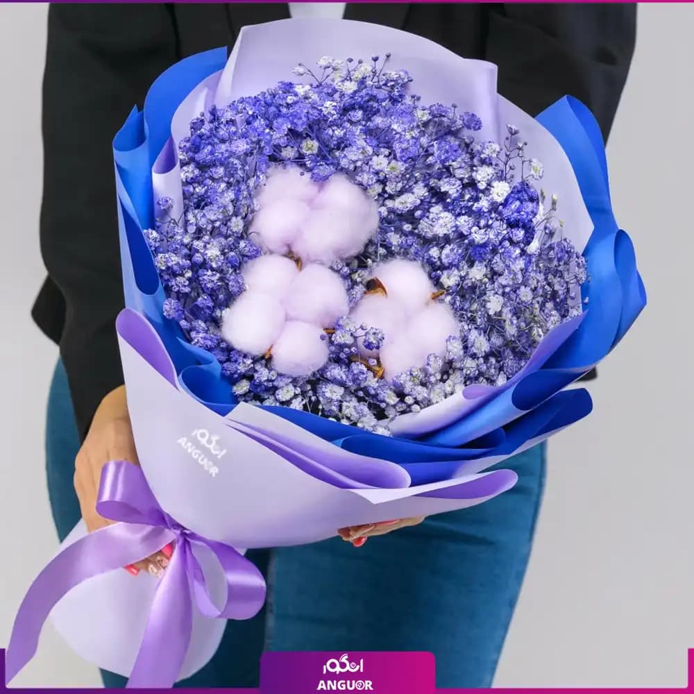 دسته گل پنبه و ژیپسوفیلا تم بنفش (گل خشک)