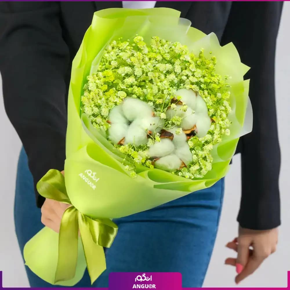 دسته گل پنبه و ژیپسوفیلا تم سبز (گل خشک)