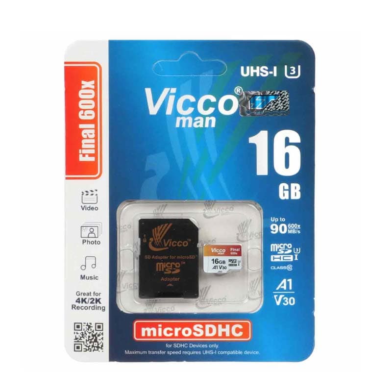 کارت حافظه میکرو 16 گیگ ویکومن Vicco man Final 600x U3 90MB/s باخشاب