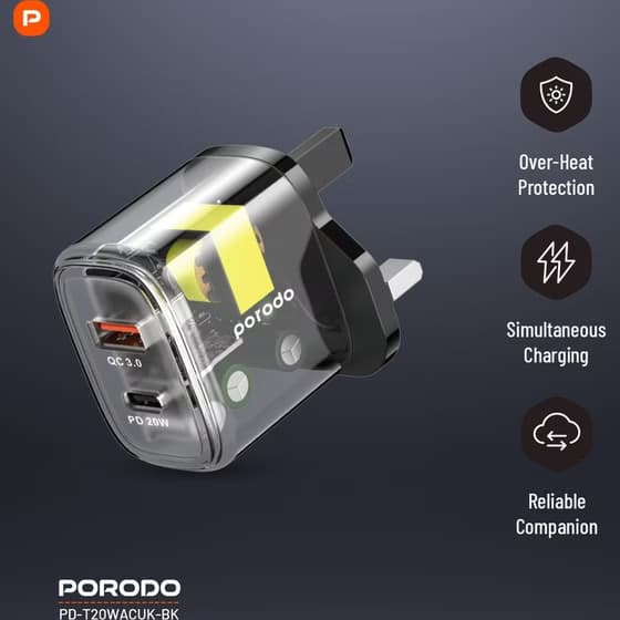 شارژر دیواری 20W پرودو مدل Dual Output Transparent – مشکی — تصویر ۲