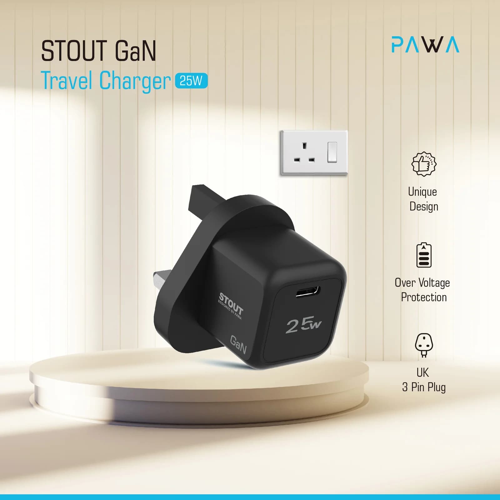 شارژر دیواری 25 وات 3 پین پاوا مدل Stout Gan PW-GN25UK به همراه کابل تایپ C — تصویر ۵