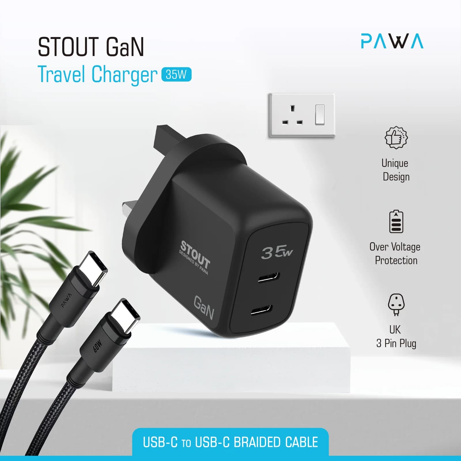 شارژر دیواری 35 وات 3 پین پاوا مدل Stout Gan به همراه کابل تایپ c — تصویر ۳