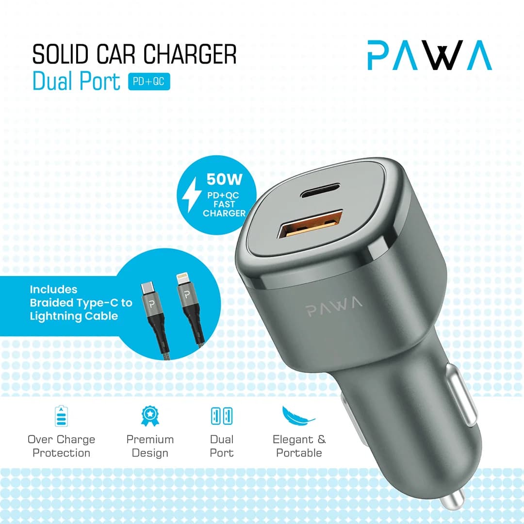 شارژر فندکی 50W خودرو پاوا مدل PW-CC50QCl Solid با کابل تایپ C به لایتنینگ — تصویر ۳