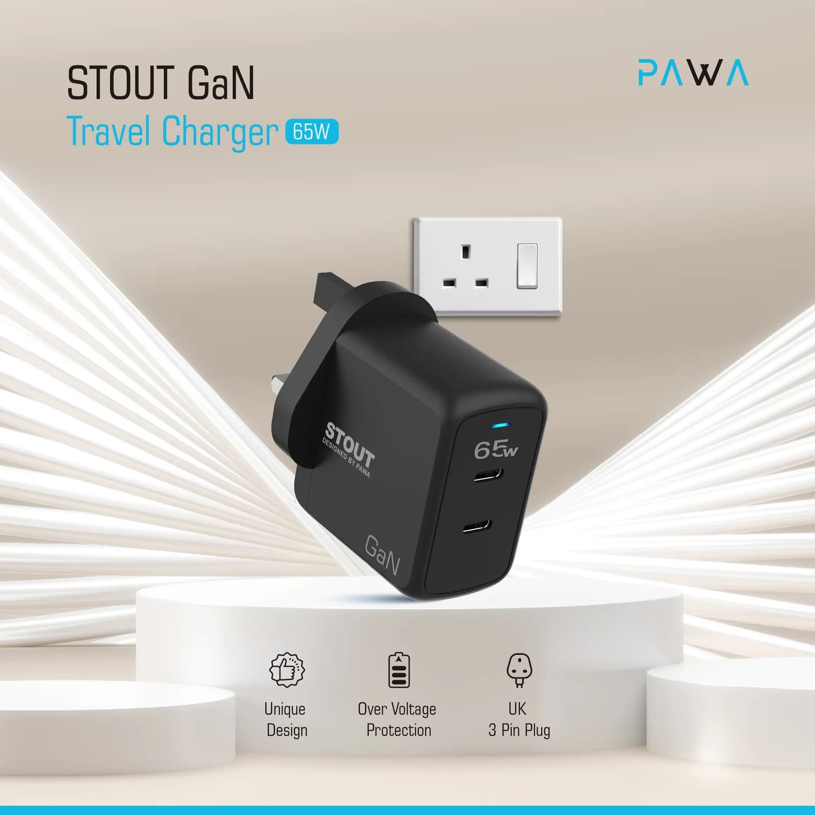 شارژر دیواری 65 وات 3 پین پاوا مدل Stout GaN PW-GN65UK — تصویر ۳