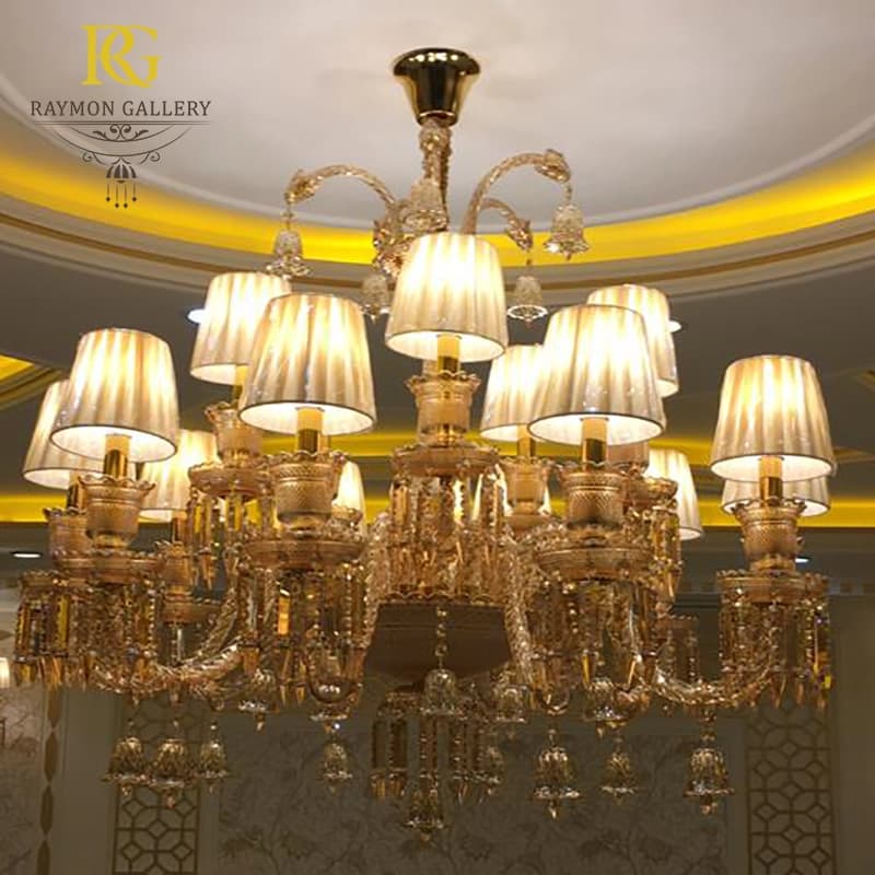 لوستر باکارات عسلی با کلاهک پارچه ای(15 شاخه) — تصویر ۵