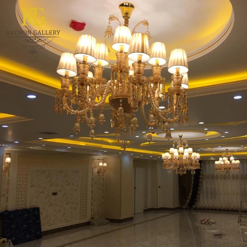 لوستر باکارات عسلی با کلاهک پارچه ای(15 شاخه) — تصویر ۲