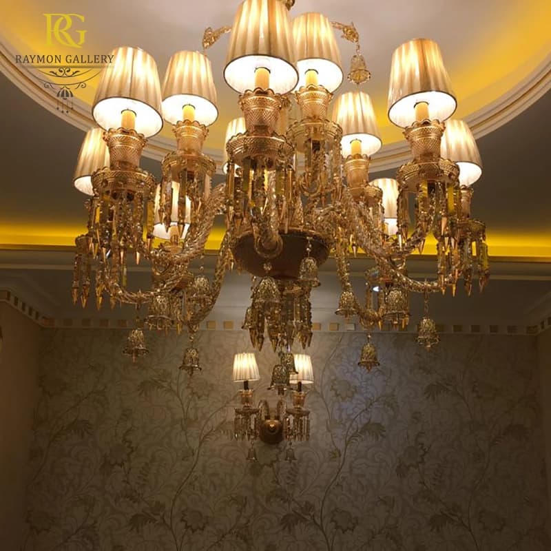 لوستر باکارات عسلی با کلاهک پارچه ای(15 شاخه) — تصویر ۳