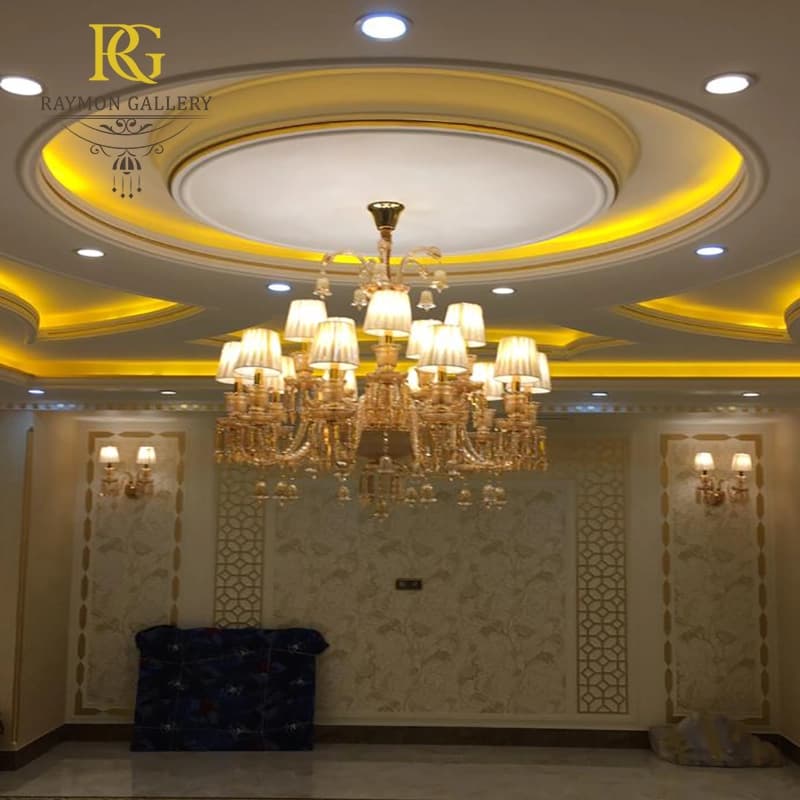 لوستر باکارات عسلی با کلاهک پارچه ای(15 شاخه)