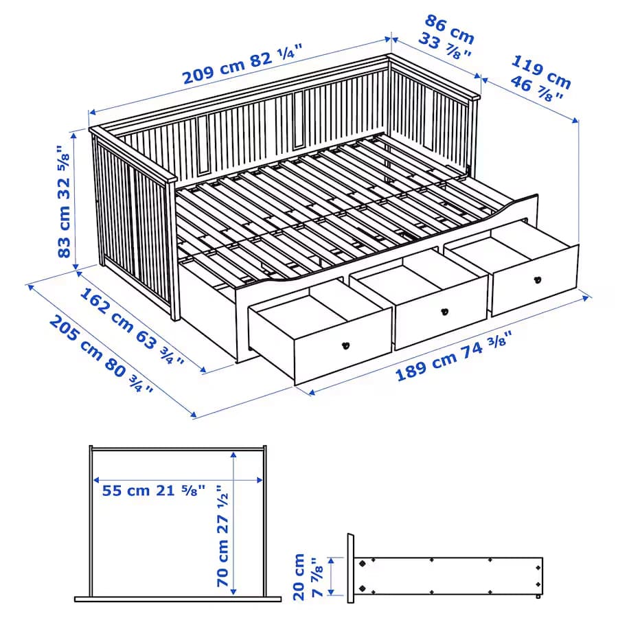 مبل تختخواب شو ایکیا با 3 کشو و 2 تشک سفید مدل HEMNES — تصویر ۷