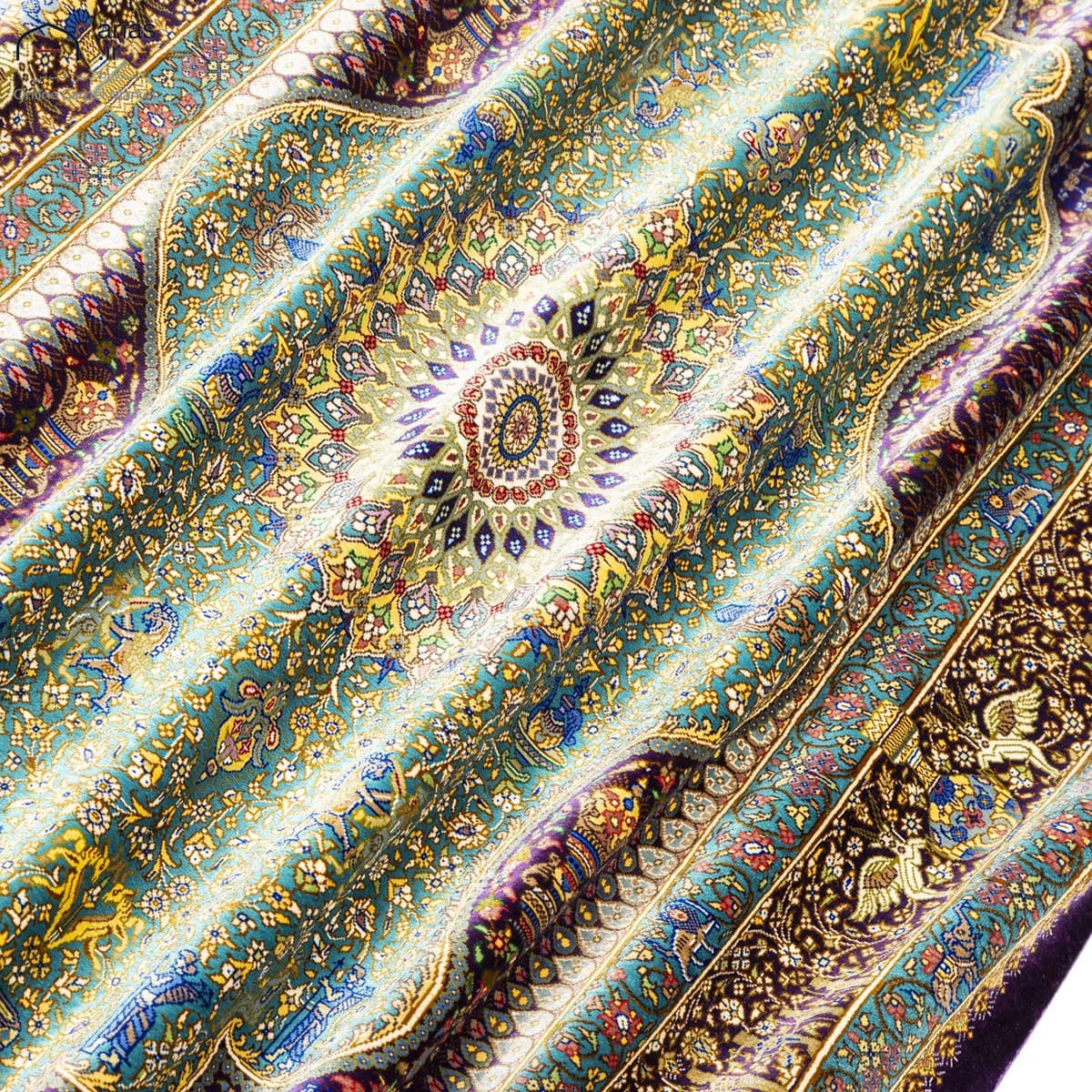 فرش دستباف ذرع و نیم تمام ابریشم لچک ترنج زمینه قهوه ای مارک عربلو بافت قم کد D02911G — تصویر ۸