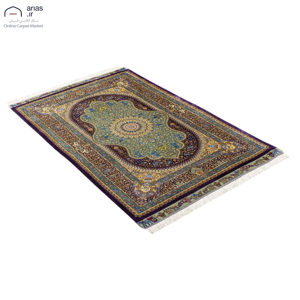 فرش دستباف ذرع و نیم تمام ابریشم لچک ترنج زمینه قهوه ای مارک عربلو بافت قم کد D02911G — تصویر ۳