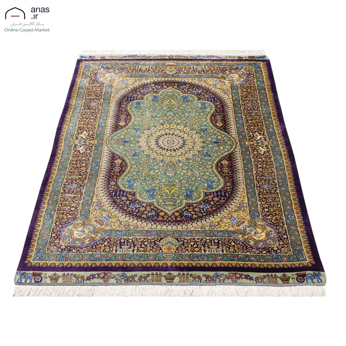 فرش دستباف ذرع و نیم تمام ابریشم لچک ترنج زمینه قهوه ای مارک عربلو بافت قم کد D02911G — تصویر ۲