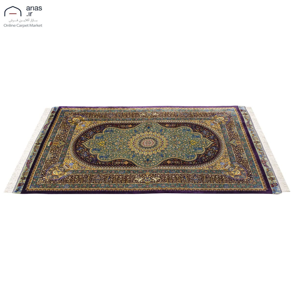 فرش دستباف ذرع و نیم تمام ابریشم لچک ترنج زمینه قهوه ای مارک عربلو بافت قم کد D02911G — تصویر ۴