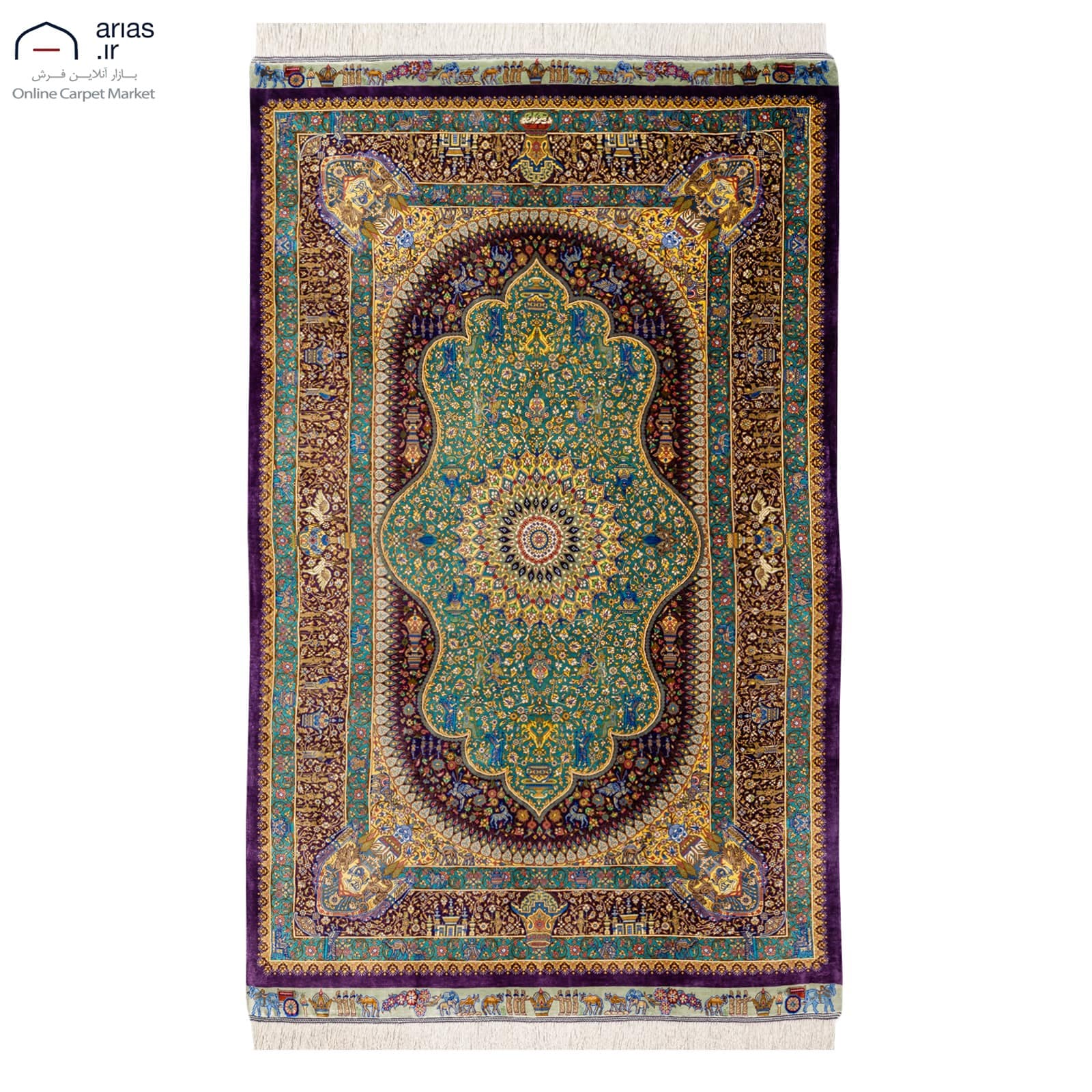 فرش دستباف ذرع و نیم تمام ابریشم لچک ترنج زمینه قهوه ای مارک عربلو بافت قم کد D02911G