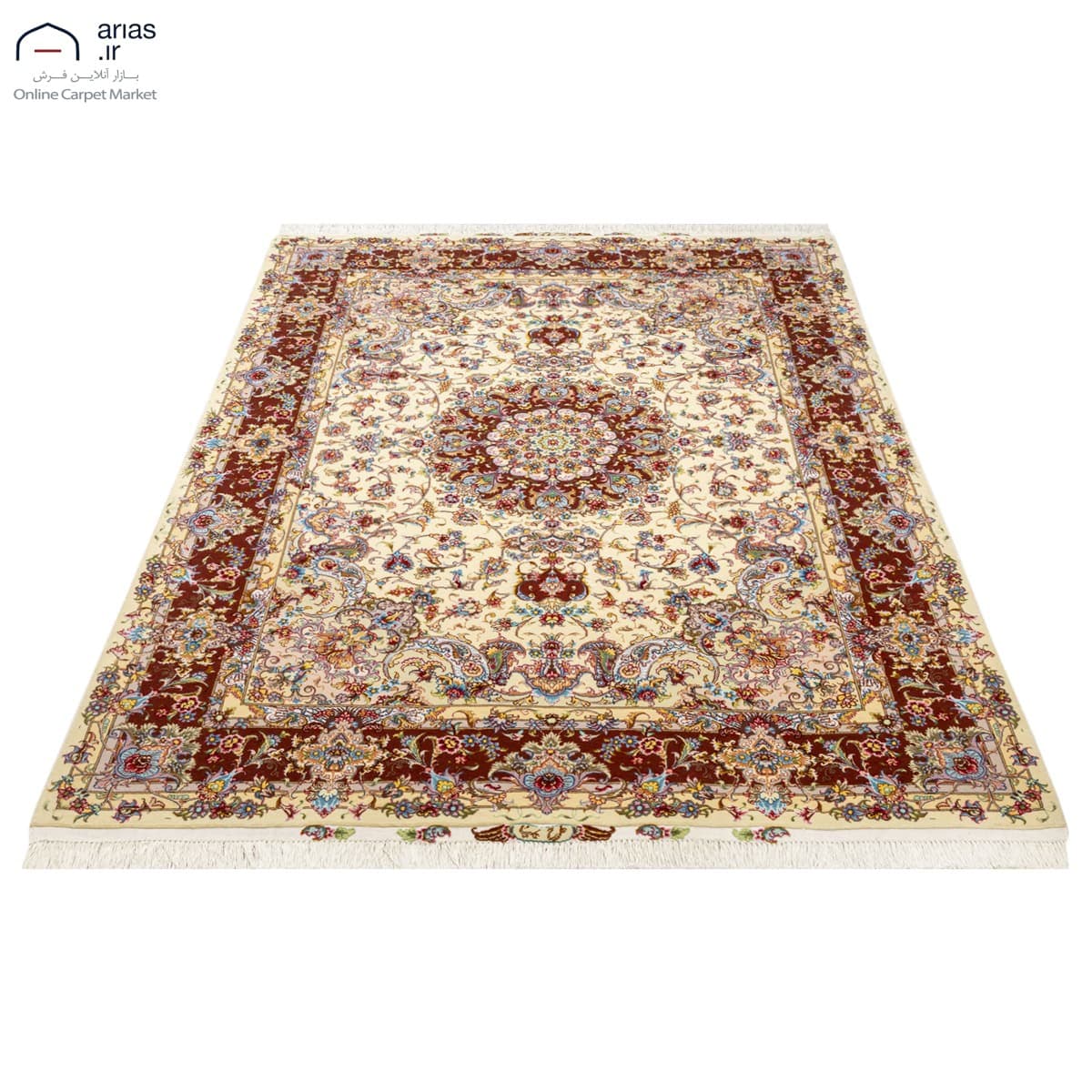 فرش دستباف سه متری چله و گل ابریشم علیا زمینه کرم بافت تبریز کد D02498T — تصویر ۲