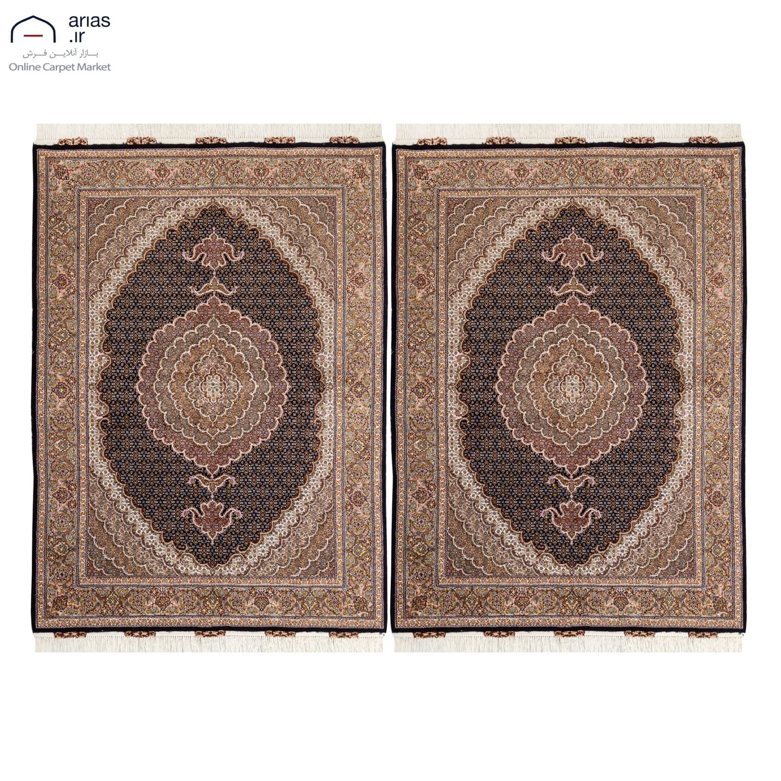 فرش جفت دستباف سه متری چله نخ گل ابریشم ماهی زمینه سرمه ای تبریز کد D02497T