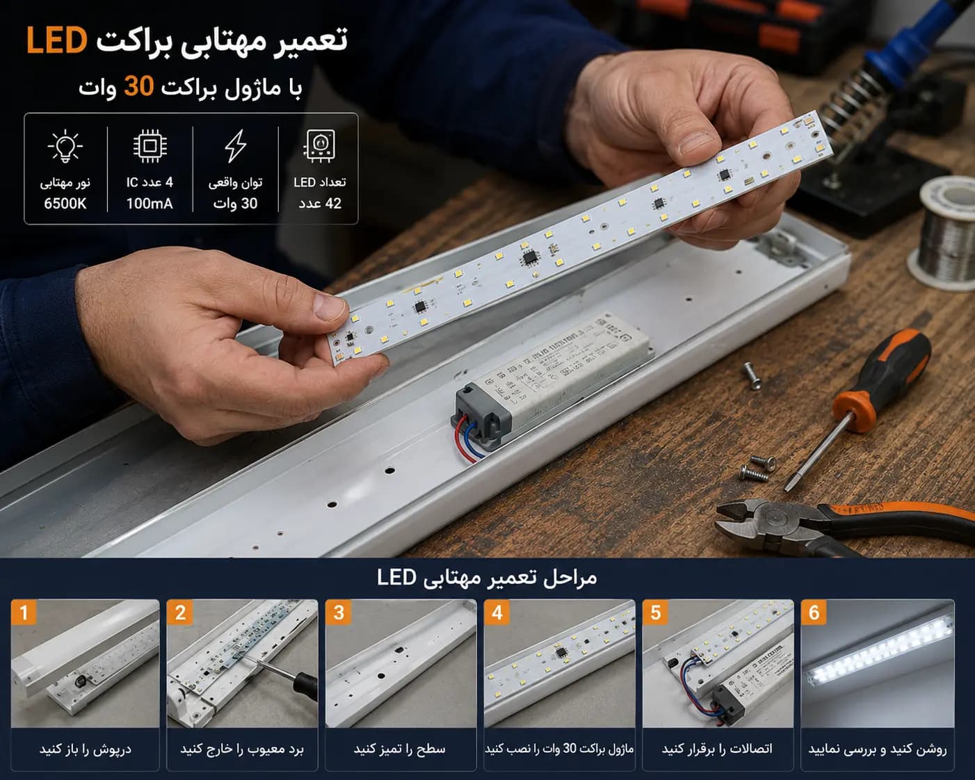 ماژول براکت 30 وات 42 ال ای دی مهتابی 6500K با 4 آی سی 100mA — تصویر ۵