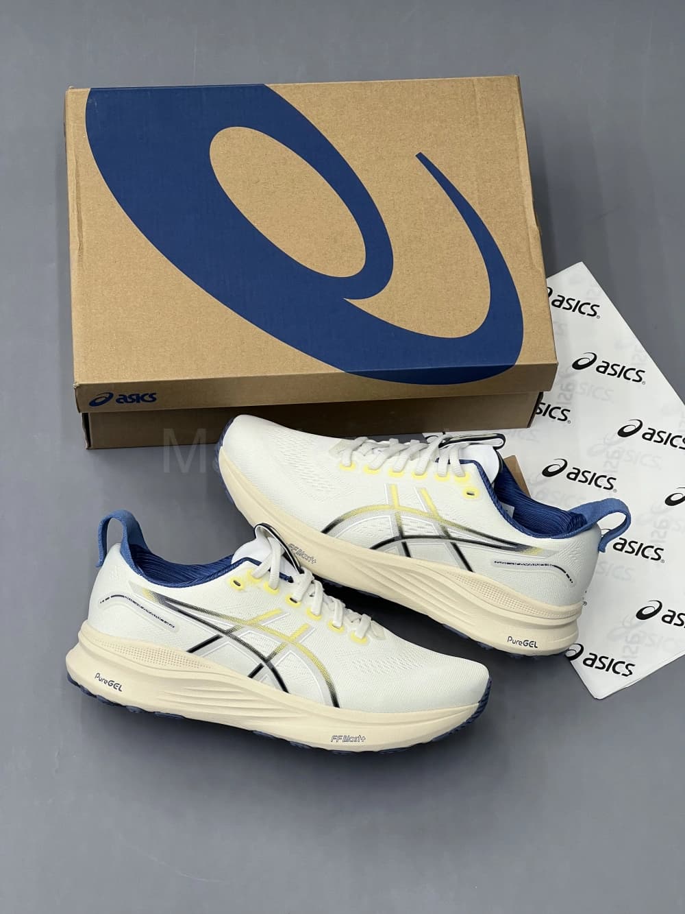 کفش اسیکس کایانو 32 سفید آبی کرم Asics KAYANO White Blue