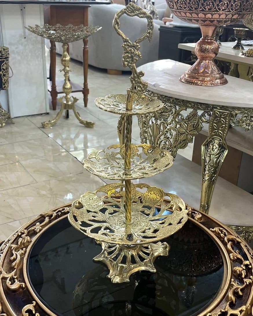 شیرینی خوری سه طبقه برنجی ایرانی طرح گل تور