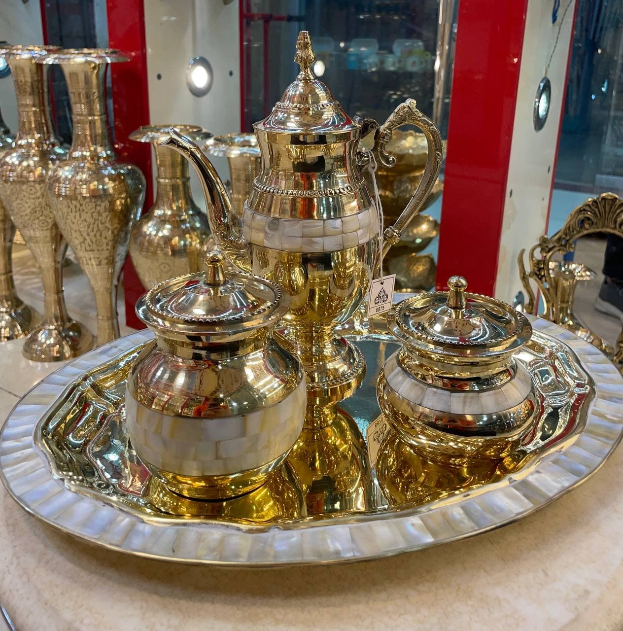 ست صبحانه طرح انگلیسی برنجی هندی صدفکاری شده