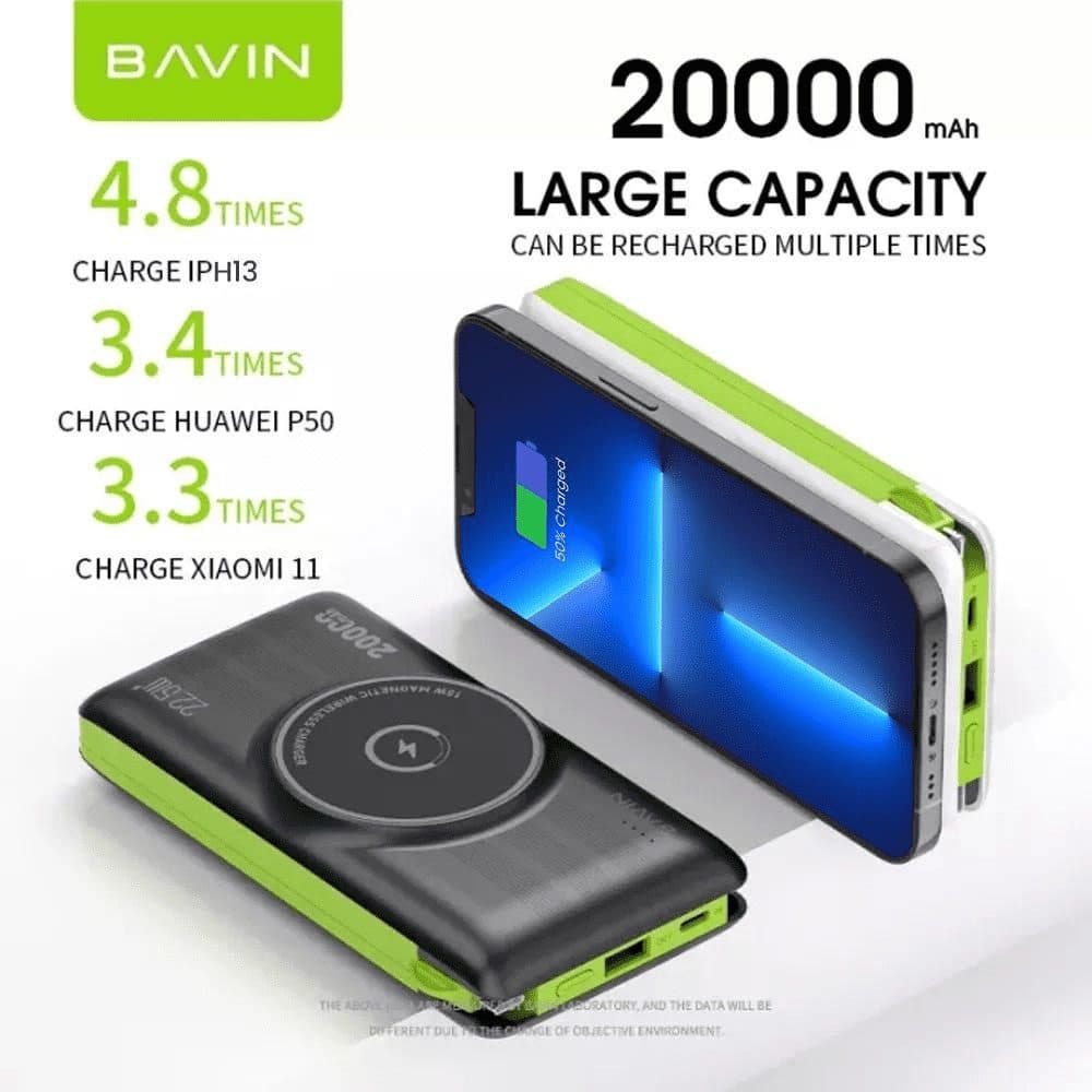 پاوربانک وایرلس باوین مدل PC067 با ظرفیت 20000 مگ سیف و توان 22.5 وات — تصویر ۶