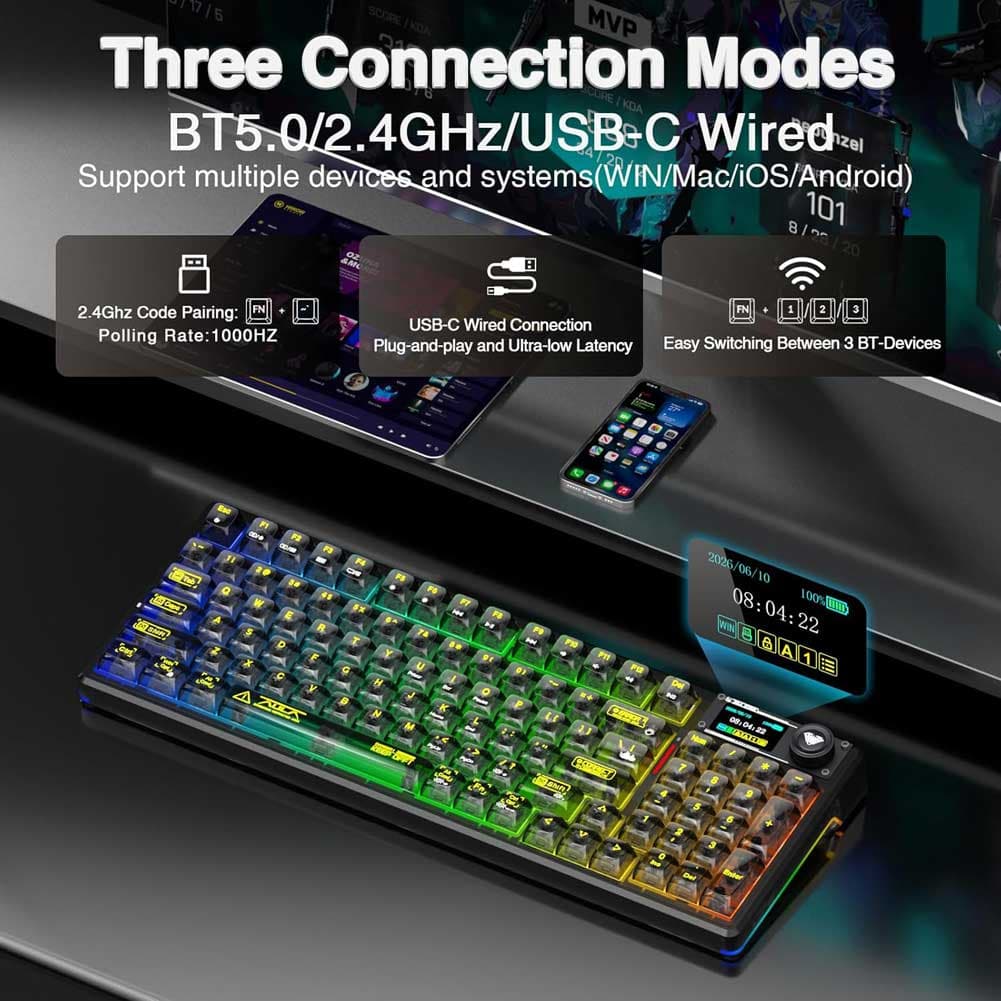 کیبورد گیمینگ مکانیکال AULA F98 PRO RGB 3IN1 ( رنگ مشکی TRANSPAREN ) سوییچ CRYSTAL — تصویر ۵