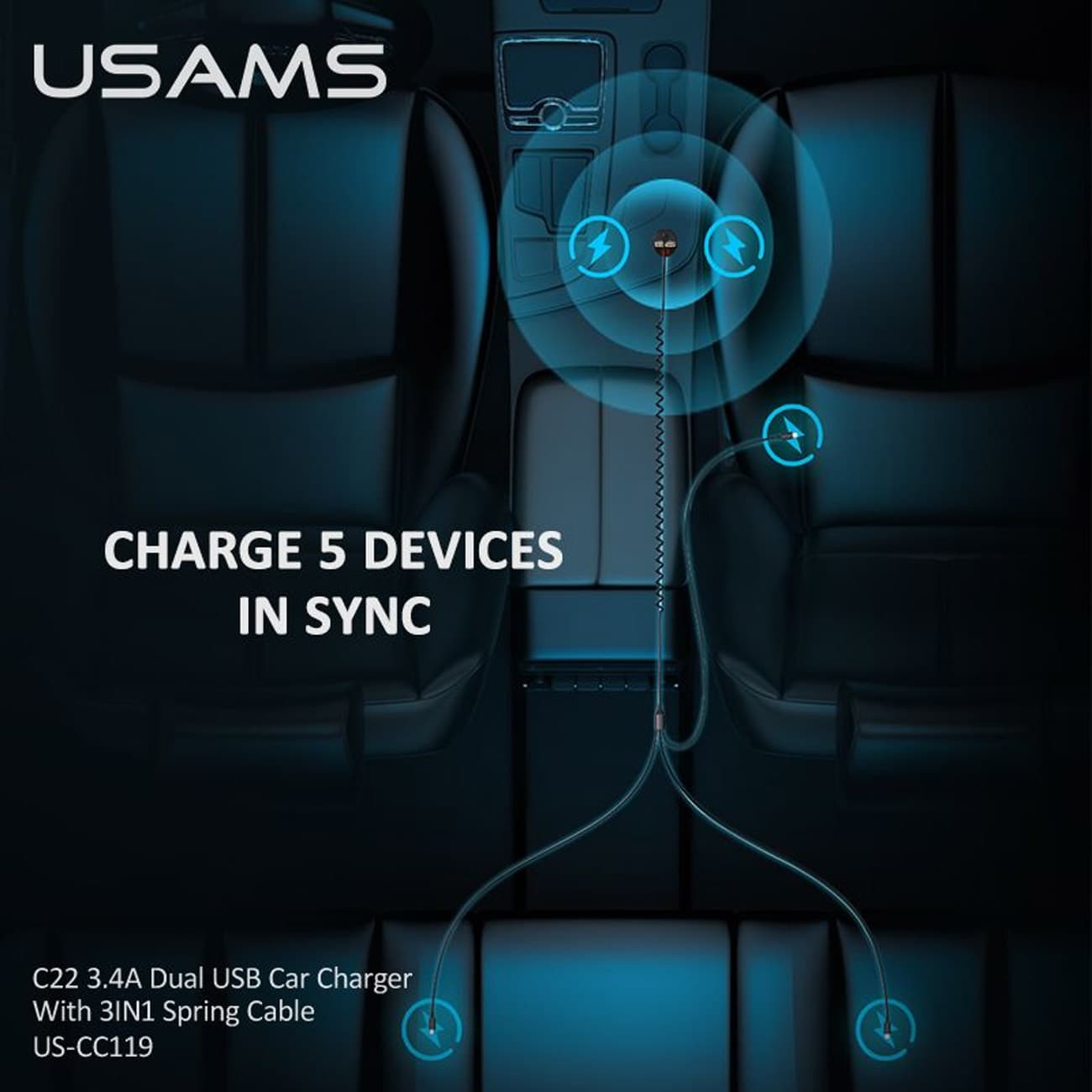 شارژر فندکی یوسامز USAMS مدل US-CC119 با جریان 3.4 آمپر و کابل 3 در 1 — تصویر ۳