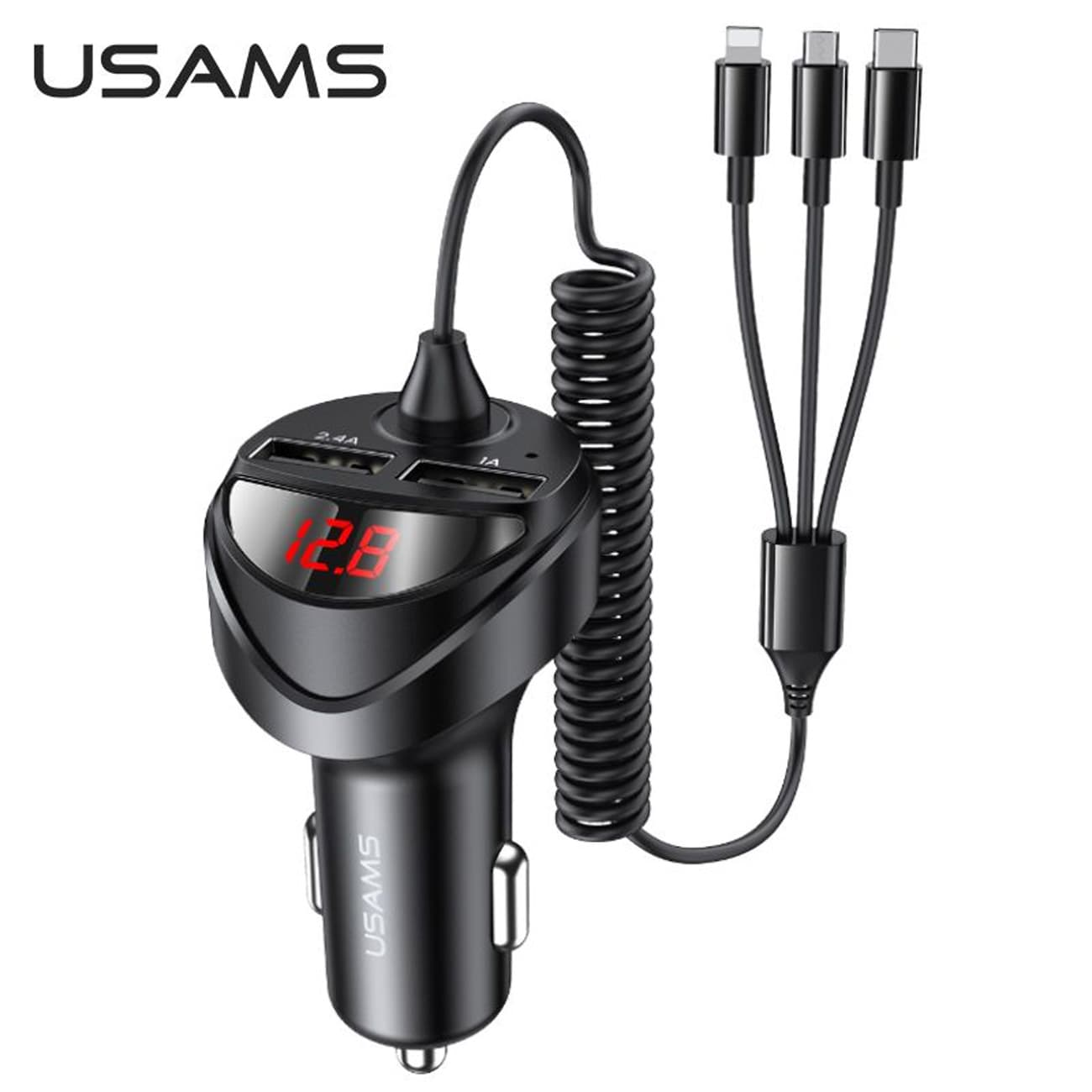 شارژر فندکی یوسامز USAMS مدل US-CC119 با جریان 3.4 آمپر و کابل 3 در 1