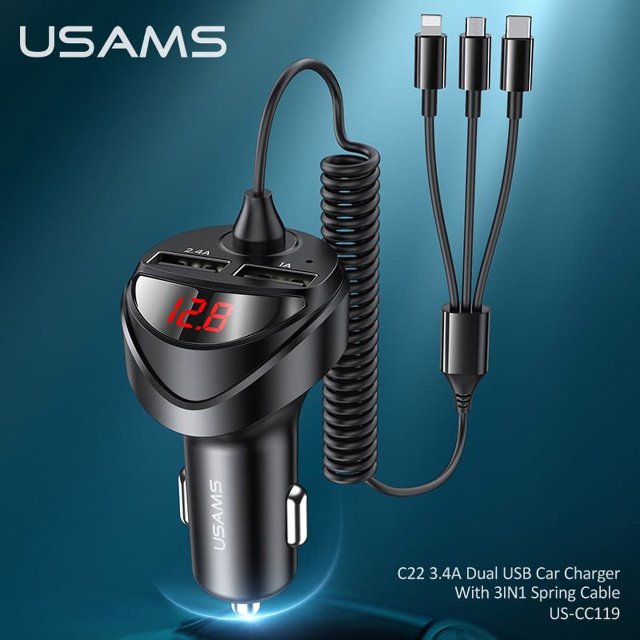 شارژر فندکی یوسامز USAMS مدل US-CC119 با جریان 3.4 آمپر و کابل 3 در 1 — تصویر ۴