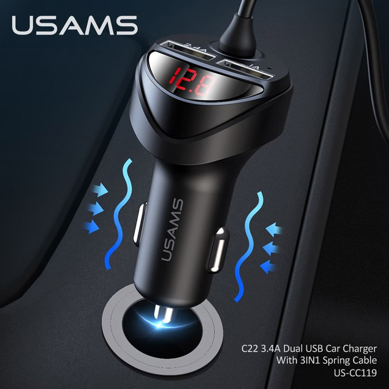 شارژر فندکی یوسامز USAMS مدل US-CC119 با جریان 3.4 آمپر و کابل 3 در 1 — تصویر ۵