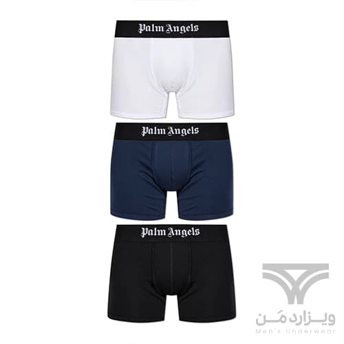 شورت مردانه باکسر بریف اورجینال وارداتی برند Palm Angels سرمه ای مشکی سفید کش 5 سانتی