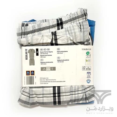 ست مردانه راحتی اورجینال وارداتی برند آلدی Aldi آلمان UP2 آبی چهارخونه سفید | تیشرت دکمه دار + شلوارک — تصویر ۴