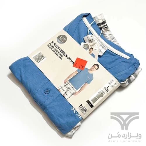 ست مردانه راحتی اورجینال وارداتی برند آلدی Aldi آلمان UP2 آبی چهارخونه سفید | تیشرت دکمه دار + شلوارک — تصویر ۳