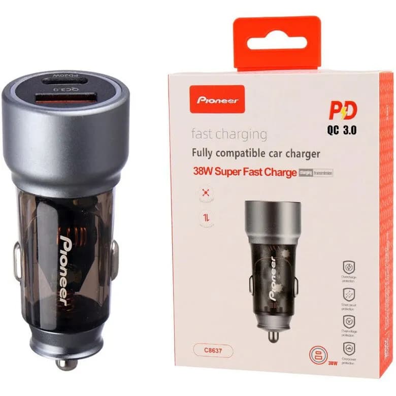 شارژر فندکی فست شارژ Pioneer C8637 QC3.0 PD 3A 20W