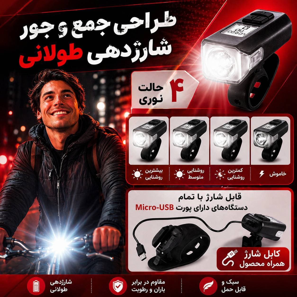 چراغ جلو دوچرخه شارژی VIBE LIGHVB0470 — تصویر ۴