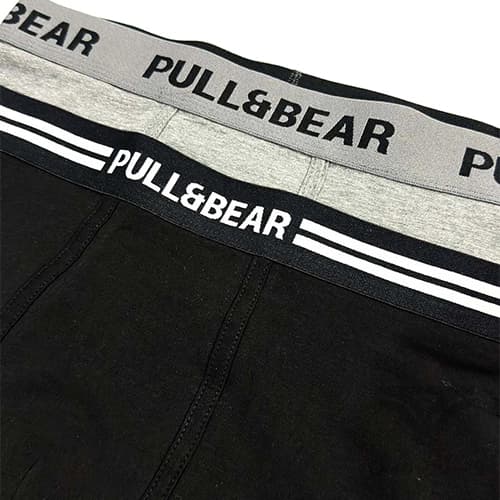 پک 2 تایی شورت مردانه باکسر بریف (پادار) اورجینال وارداتی پول اند بیر Pull&Bear مشکی و طوسی black and gray boxers with a logo waistband — تصویر ۲