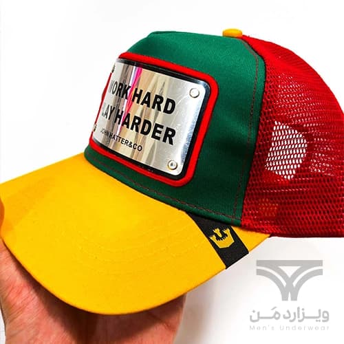 کلاه کپ (لبه دار) جان هتر John Hatter & CO مدل Work Hard Play Harder قرمز سبز زرد پشت توری — تصویر ۳