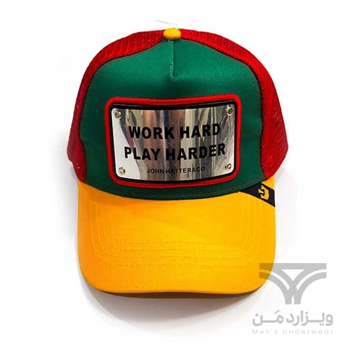 کلاه کپ (لبه دار) جان هتر John Hatter & CO مدل Work Hard Play Harder قرمز سبز زرد پشت توری — تصویر ۲