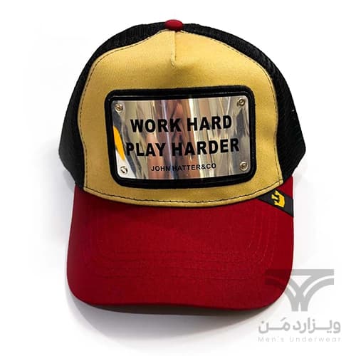 کلاه کپ (لبه دار) جان هتر John Hatter & CO مدل Work Hard Play Harder مشکی زرشکی کرم پشت توری — تصویر ۴