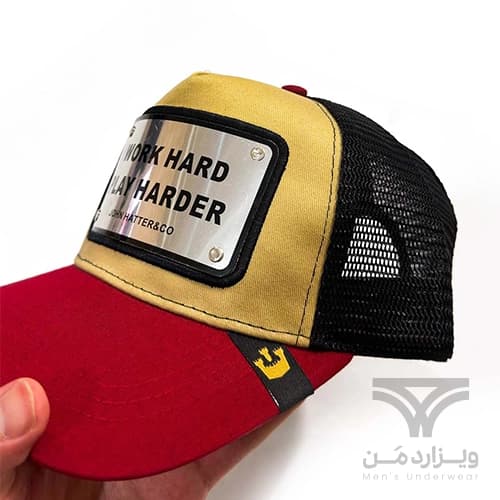 کلاه کپ (لبه دار) جان هتر John Hatter & CO مدل Work Hard Play Harder مشکی زرشکی کرم پشت توری — تصویر ۲